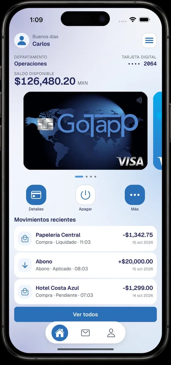 GoTapp app home with another digital card from the carousel and its recent transactions