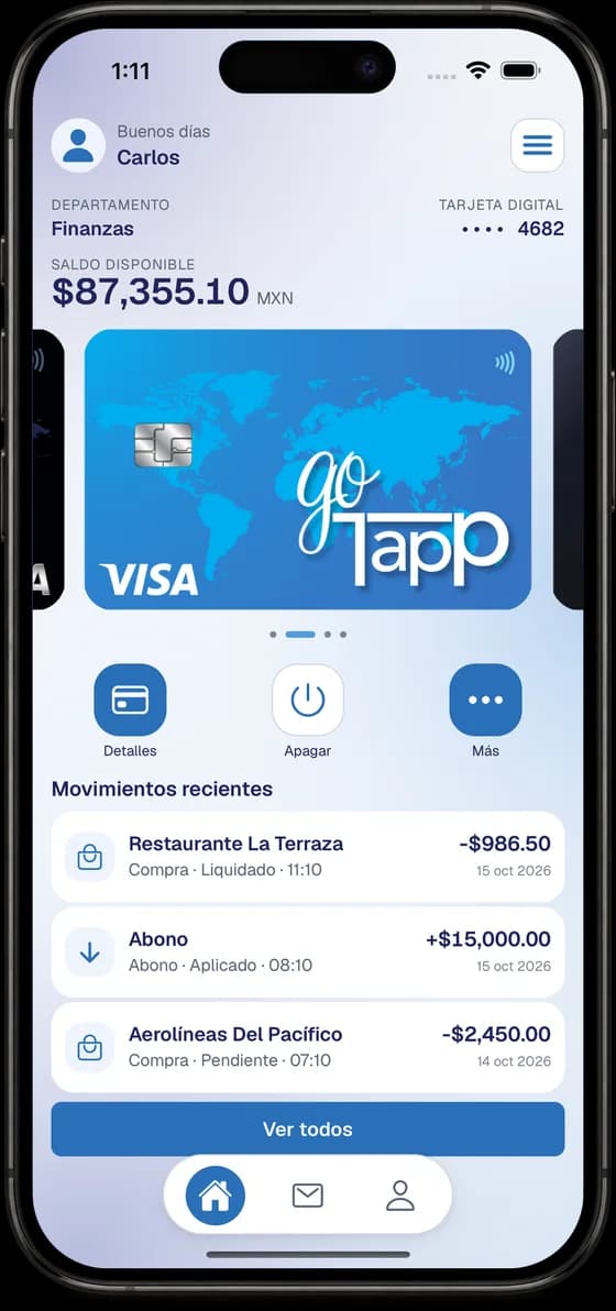 Home screen of the GoTapp app with available balance, digital card and recent transactions