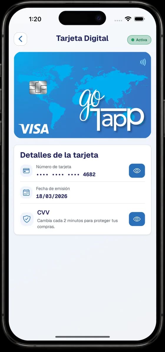 Digital Card screen of the GoTapp app with masked number, issue date and CVV
