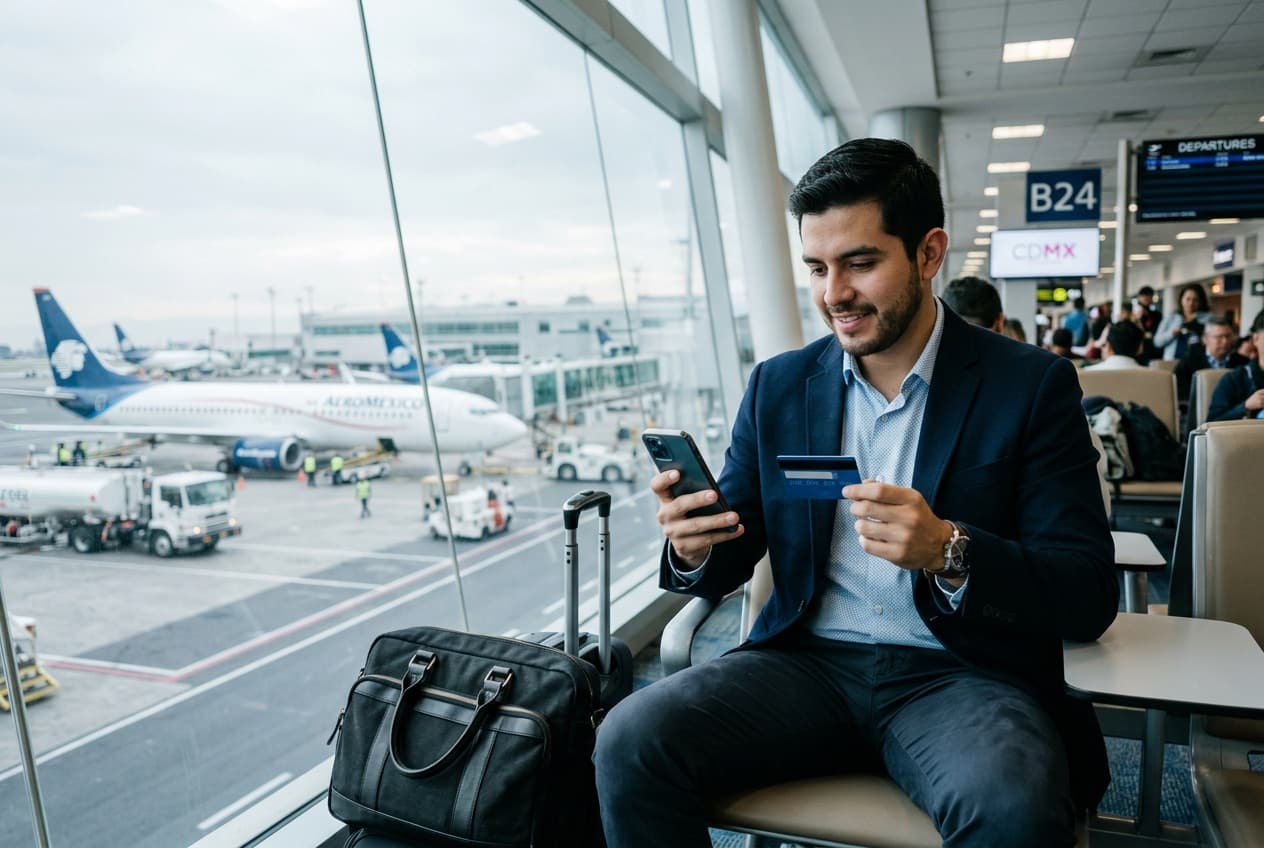 Consultant paying from his phone in an airport lounge