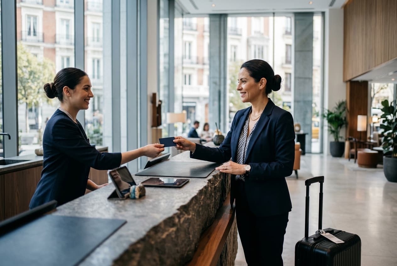 Director checking in at a hotel abroad with her GoTapp card