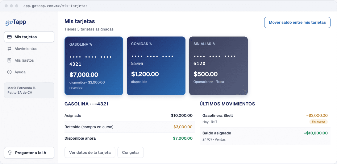 Team member view with their cards, available balance and latest transactions