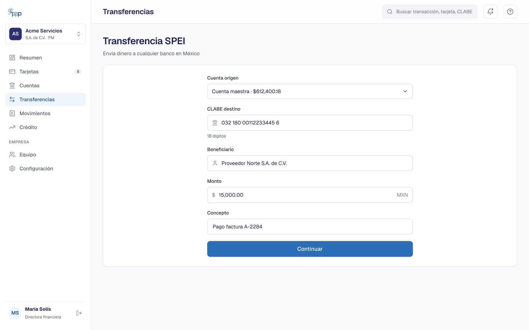 SPEI transfer form with source account, destination CLABE, beneficiary, amount and description